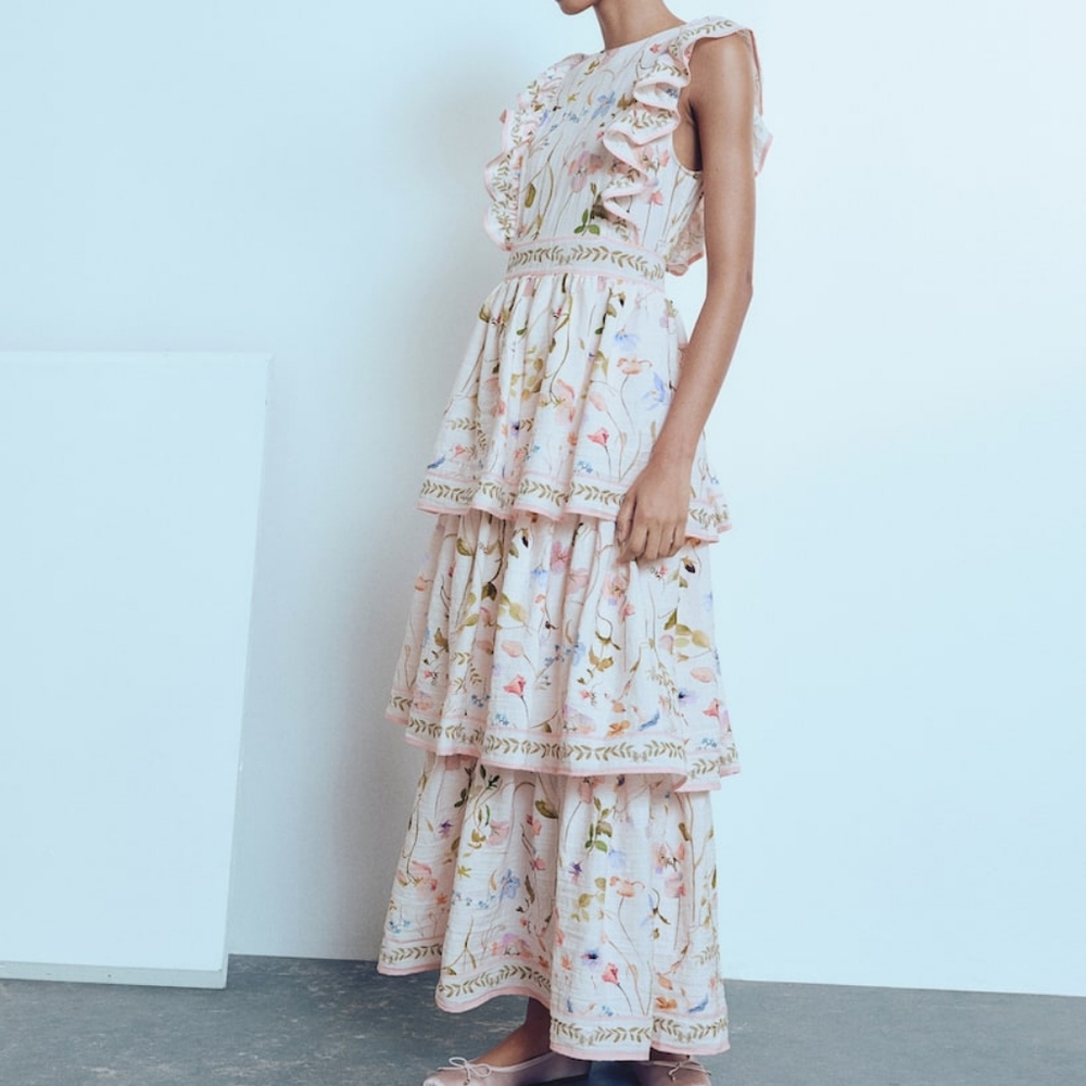 H&M Ruffle-Trimmed Maxi  Dress Tiered Open Back Cream floral Pastel sz XL BNWT